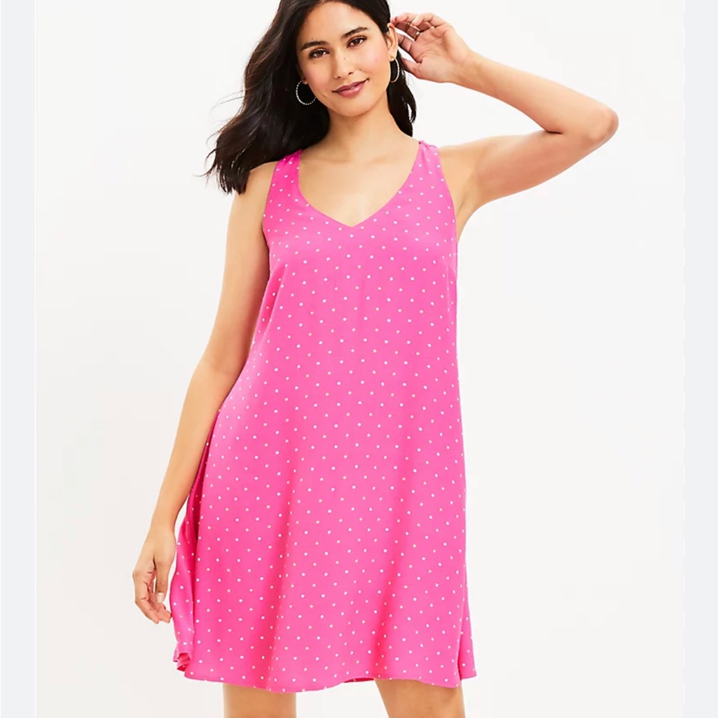 Loft Dotted Criss Cross Back Swing Dress Pink White Size Xs